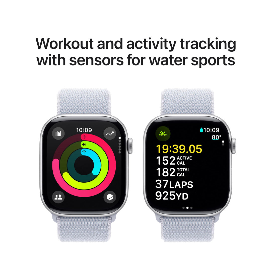 ساعة آبل واتش سيريس 10 - GPS - مقاس 46 ملم - بهيكل من الألومنيوم بلون فضي مع سوار رياضي سحابي ازرق ساعة آبل واتش سيريس 10 - GPS - مقاس 46 ملم - بهيكل من الألومنيوم بلون فضي مع سوار رياضي سحابي ازرق